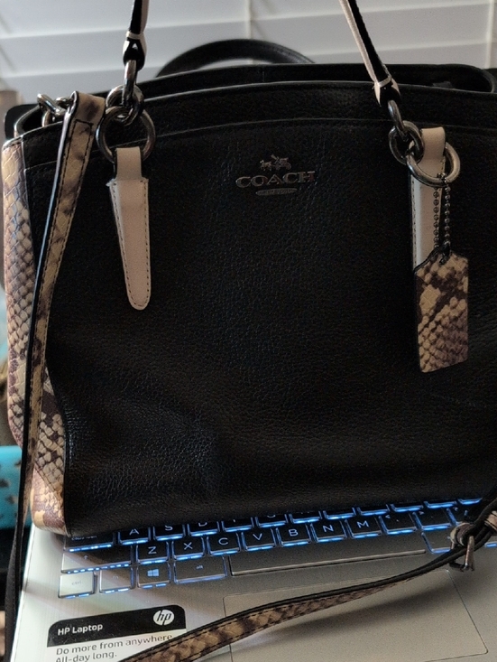 Coach Handbags - Coach Black Pebbled Leather Crossbody with Snake-Print Trim embossed! Beautiful